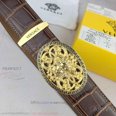 AAA Grade Versace Brown Leather Belt With Golden Medusa Buckle